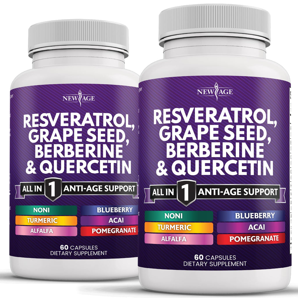 NEW AGE Resveratrol 6000mg Berberine 3000mg Grape Seed Extract 3000mg Quercetin 4000mg - Polyphenol Supplement for Women and Men with Noni Extract, N-Acetyl Cysteine, Acai Extract - 120 Capsules 120 Capsules (Pack of 2)