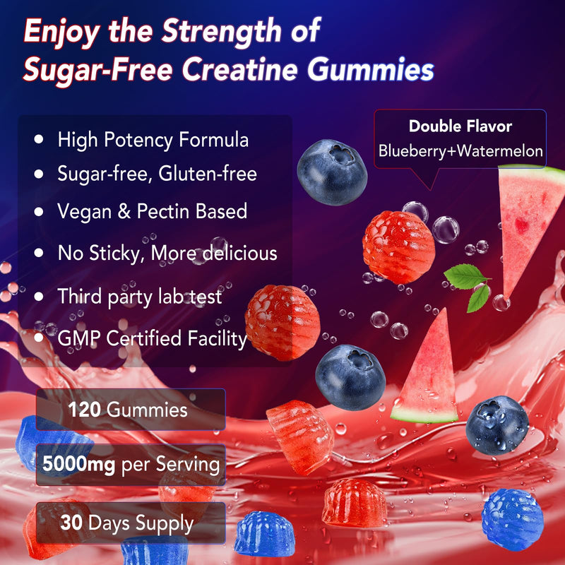 Creatine Monohydrate Gummies 5000mg, 10-in-1 Formula with Taurine, B12, B6 & Beetroot, Muscle Growth, Energy & Focus, Vegan Sugar-Free Pre Workout for Men & Women, 120 Blueberry & Watermelon Gummies