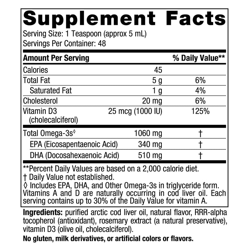 [Australia] - Nordic Naturals Arctic-D Cod Liver Oil, Lemon - 8 oz - 1060 mg Total Omega-3s + 1000 IU Vitamin D3 - EPA & DHA - Heart, Brain, Bone, Immune & Mood Support - Non-GMO - 48 Servings 