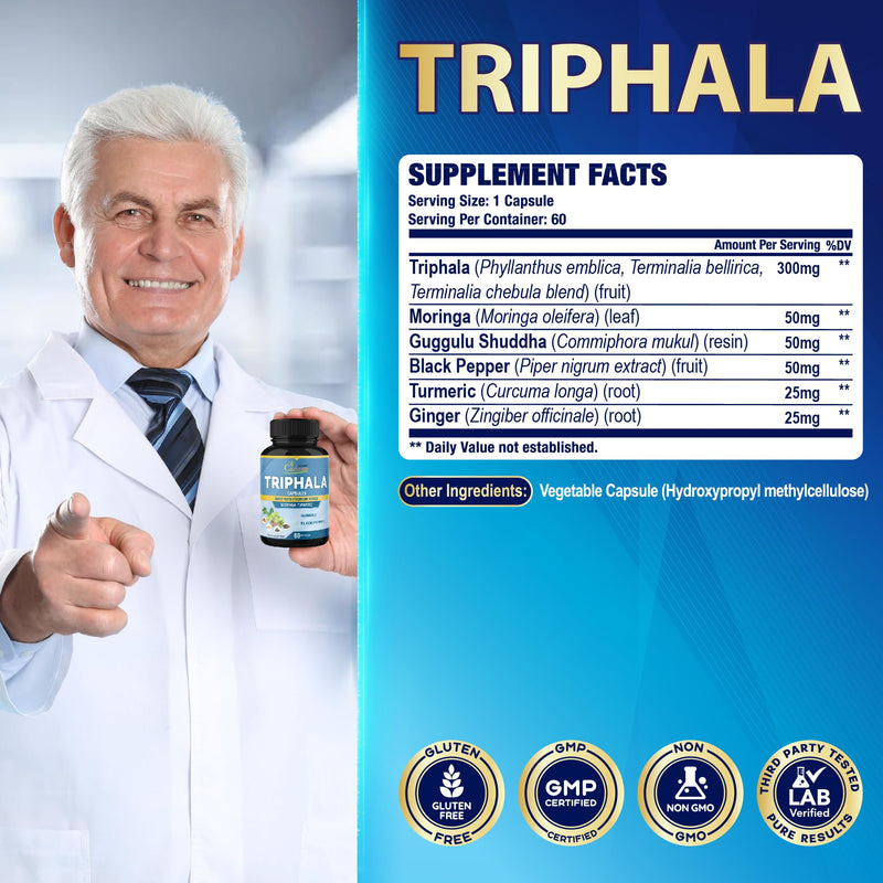 [Australia] - Organic Cadane Triphala Extract Capsules - 6 Premium Ingredients Complex with Turmeric, Moringa, Guggul, Ginger, and Black Pepper - 60 Caps for 2 Months Supply 