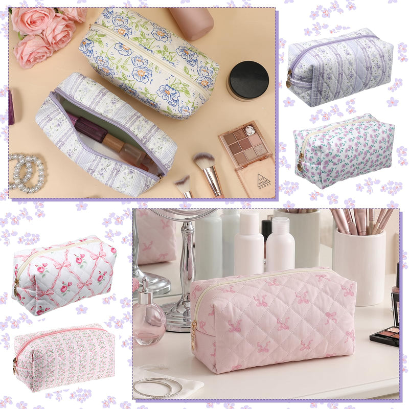 12 Pcs Quilted Makeup Bag Bulk, Floral Cotton Cosmetic Bag Set with Zipper | 8.3x3.9 Inch Aesthetic Travel Toiletry Organizer Pouch for Women Girls, Wedding Bridesmaid Proposal Gifts (Assorted Prints)