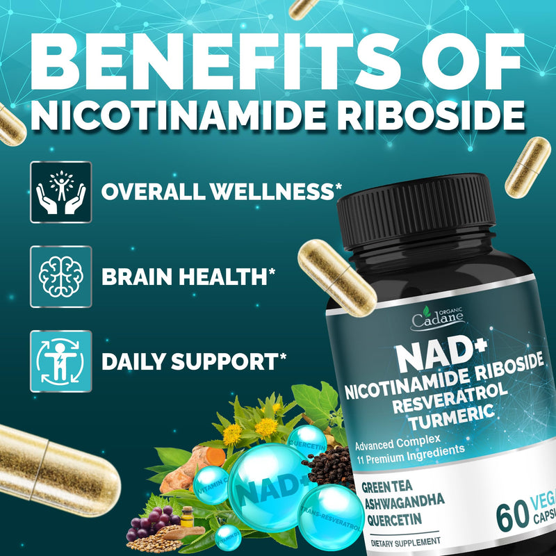 Organic Cadane 11-in-1 Nicotinamide Riboside Supplement with Trans-Resveratrol, Turmeric Curcumin & 8 More | Cellular Wellness Support | Vegan, Non-GMO – 60 Capsules for 30 Days