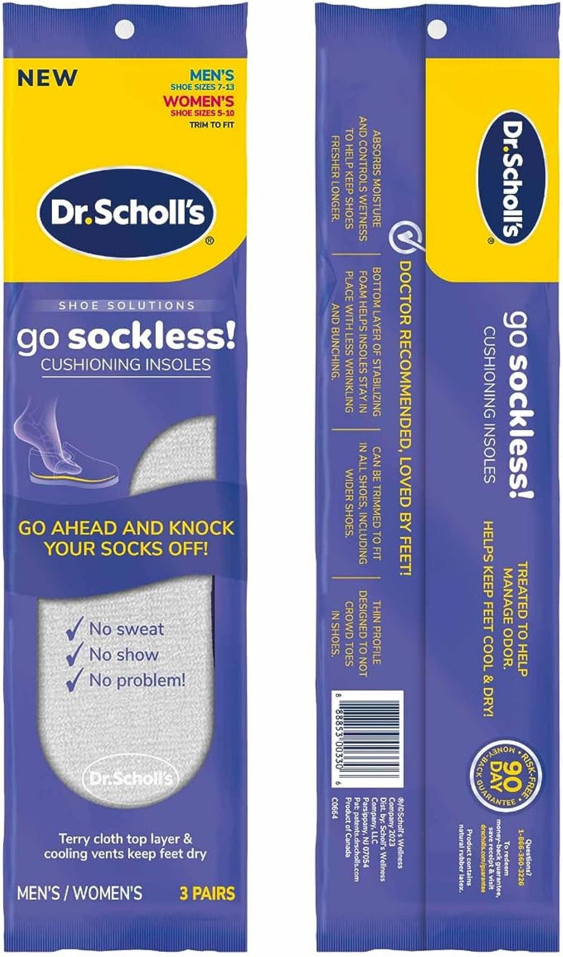 [Australia] - Dr. Scholl's Go Sockless! Cushioning Insoles, Unisex, 3 Pairs, Trim to Fit Inserts Shoe Insert 