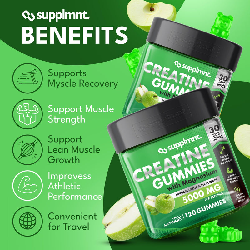Supplmnt. Creatine Gummies 5000mg 120ct Max Strength for Men and Women Creatine Monohydrate with Added Magnesium - Vegan Pre Workout Chewable Gummies, Apple Flavour (30-Day Supply)
