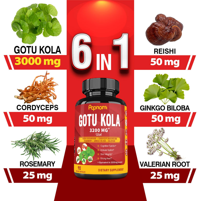 [Australia] - Organic Gotu Kola Extract Capsules - Equivalent to 3200Mg with Reishi, Cordyceps, Rosemary, Gingko Biloba & Valerian Root - 90 Counts for 3 Months - Supports Brain, Immunity, Skin & Heart Health 