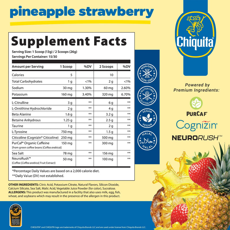 AN Performance Pre-Workout Powder Supplement for Men & Women | Energy Drink Mix with 300mg Caffeine + Beta Alanine + Citrulline | Third-Party Tested | Strawberry Pineapple | 30 Servings Chiquita Strawberry Pineapple (With Caffeine)