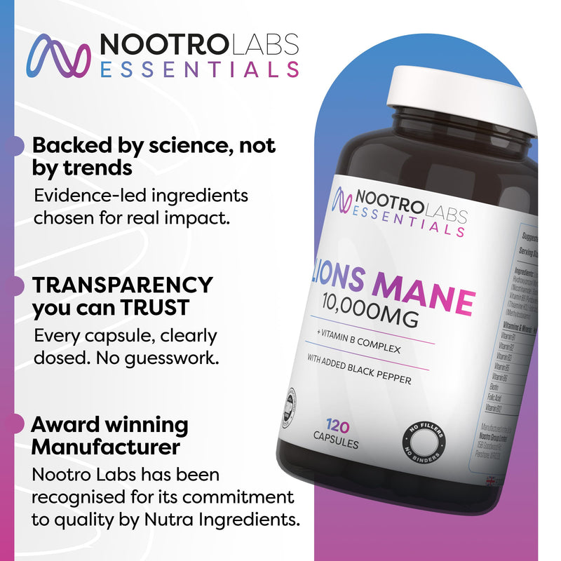 Nootro Essentials Lion's Mane Capsules, High Strength 10,000mg Lions Mane Supplement with Vitamin B Complex to Support Focus and Cognitive Function (60 Servings - 2 Month Supply)