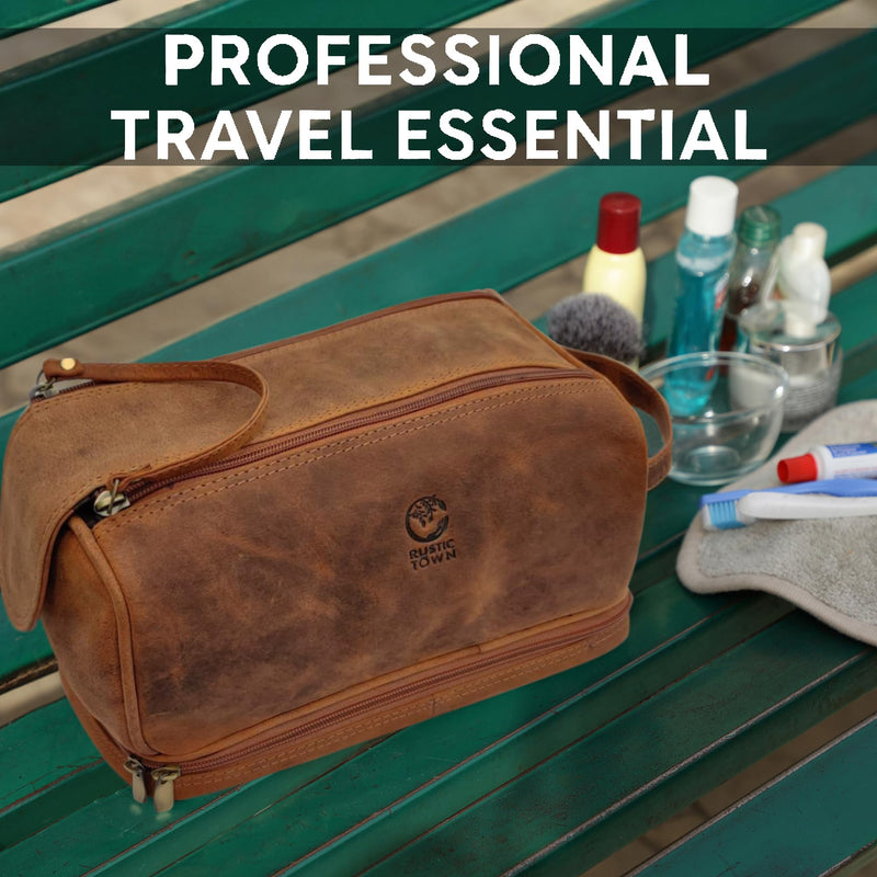 Leather Toiletry Bag for Men - Travel Shaving Dopp Kit - Bathroom Shower Toiletries Organizer - Cosmetic Make up Bag for Women | 2 Compartments, YKK Zipper, Fits Carry-Ons; Gifts for Father, Husband; Cologne Organizer, Shaving Bag, Water Resistant Lining