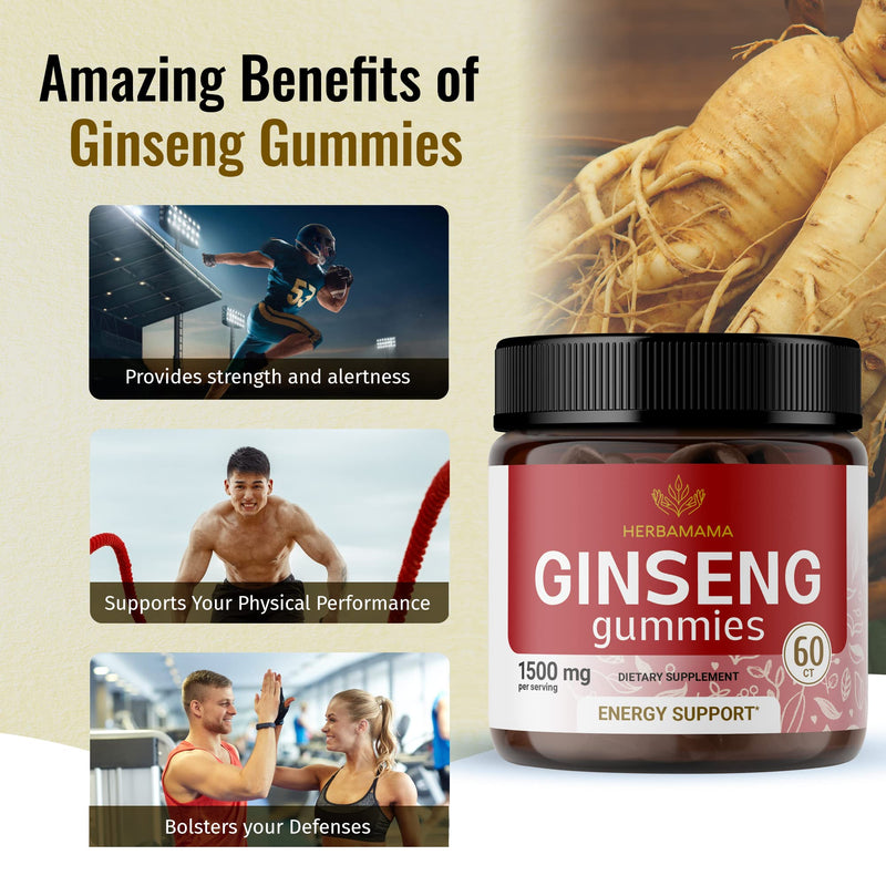 [Australia] - Korean Red Panax Ginseng Gummies - Memory, Mental Focus, Mood & Immunity Support Herbal Ginseng Supplement Vitamin - Natural Vegan Ginseng Gummies - 1500 mg 60 Chews 