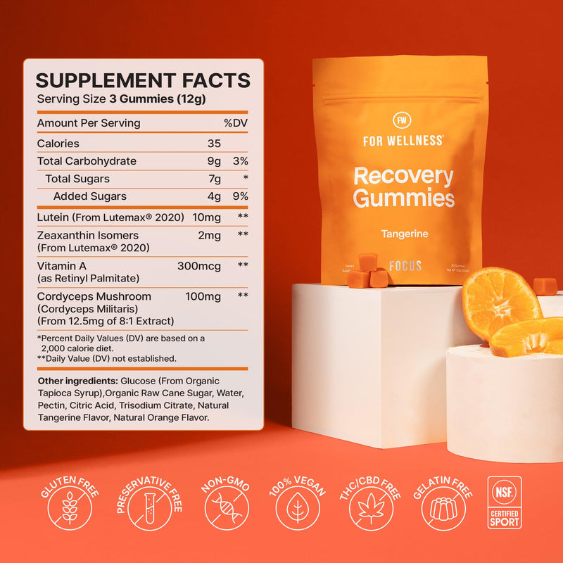 For Wellness Recovery Gummies | Tangerine Eye & Brain Support Supplements with Lutemax 2020®, Lutein, Zeaxanthin, Vitamin A & Cordyceps for Vision, Memory & Stress Support | Vegan, Non-GMO, 90 Count Focus