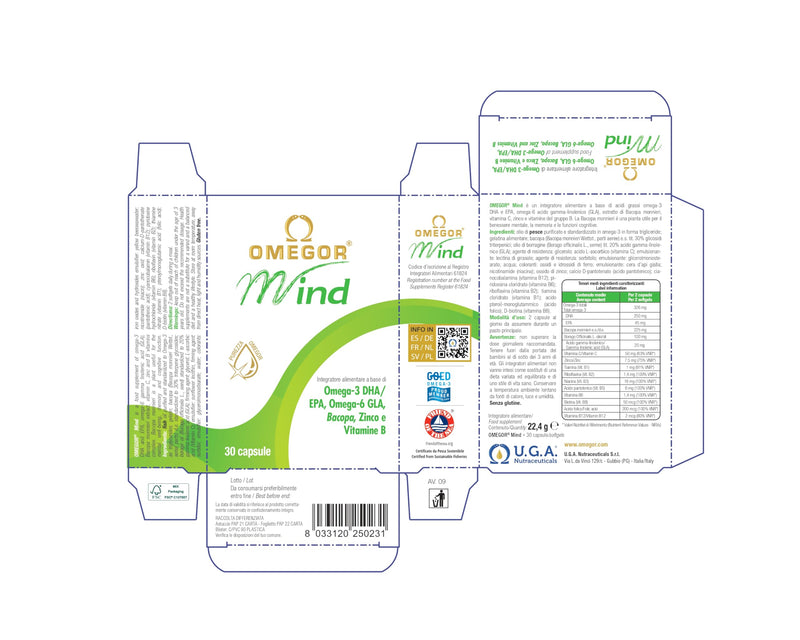 OMEGOR Mind Omega 3 and Bacopa Monnieri - Memory and Focus Supplement for Kids and Senior with Borage Oil, Zinc and Vitamin B (30 Capsules) 30 count (Pack of 1)