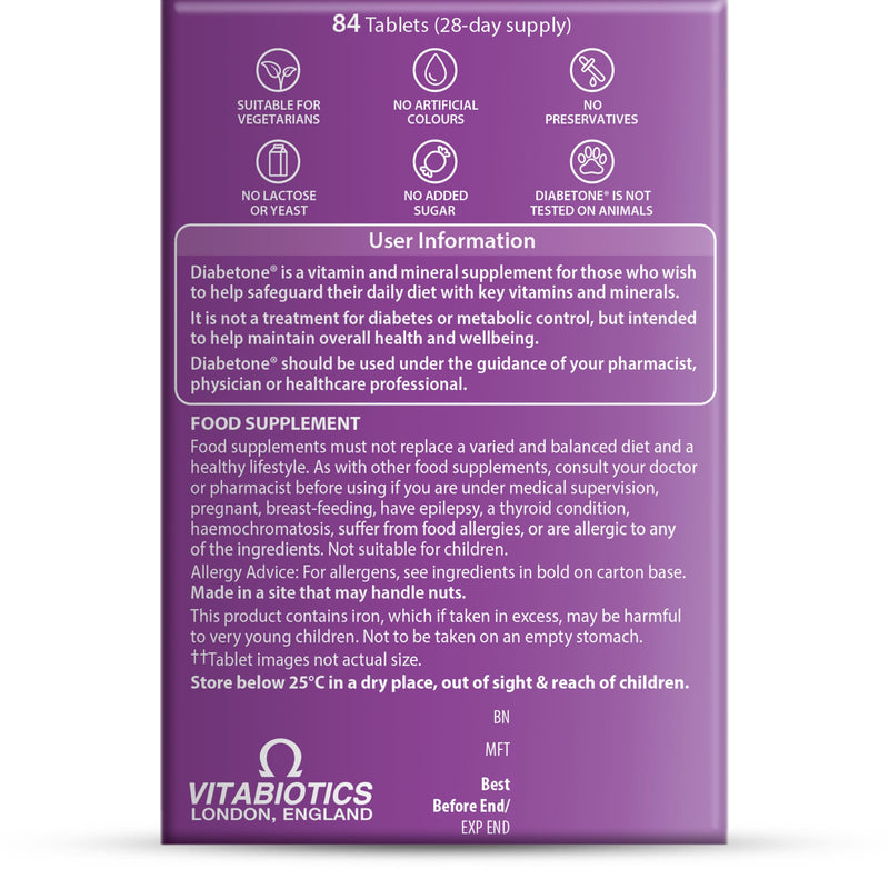 Diabetone Plus with CINAFEN complex: Cinnamon, Fenugreek and Chromium and 21 micronutrients for improved Blood Sugar Level and Diabetes Management, by Vitabiotics 56 Tablets 28-Day Supply Diabetone Plus
