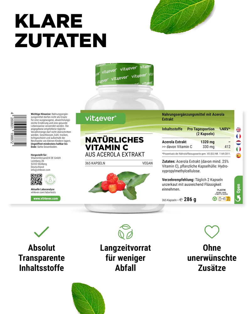 [Australia] - Natural vitamin C from acerola extract - 365 capsules - high dosage - premium raw material - without unwanted additives - vegan 