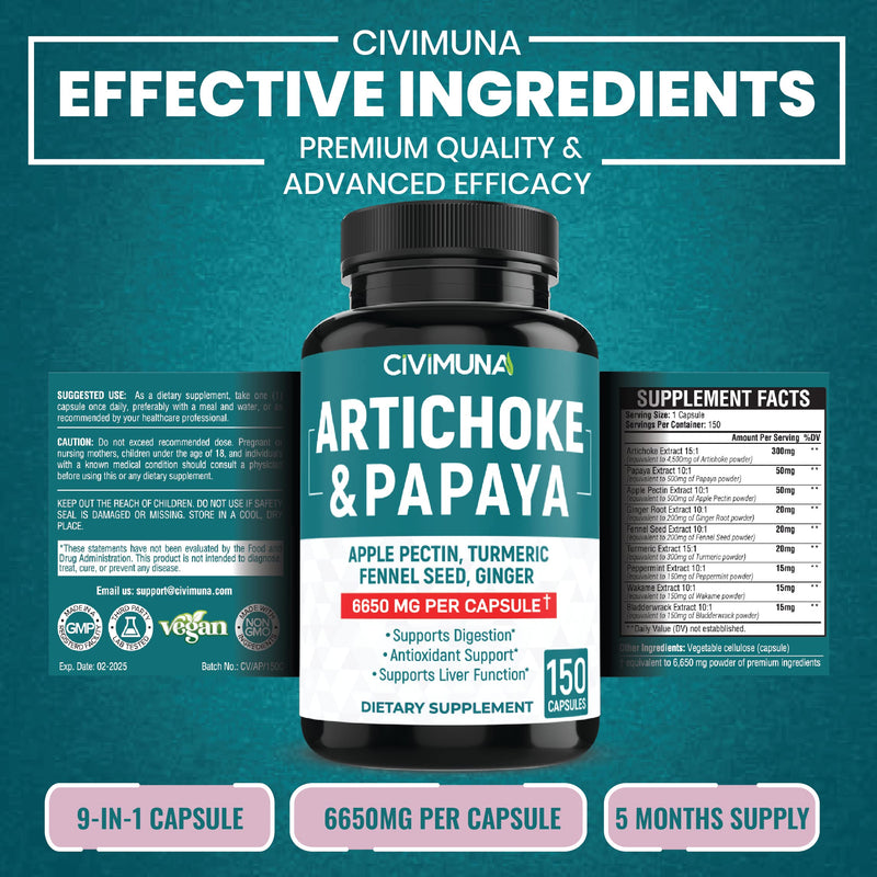 [Australia] - (5 Months Supply) Artichoke Capsules 6650mg - 150 Capsules - Artichoke, Papaya, Apple Pectin - 150 Count (Pack of 1) 