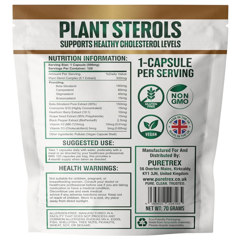 PURETREX Plant Sterols 2000MG Complex with Beta-Sitosterol - Supports Healthy Cholesterol Levels - with Hawthorn Berry & Grape Seed Extract - 120 Capsules - Gluten-Free & Non-GMO Food Supplement