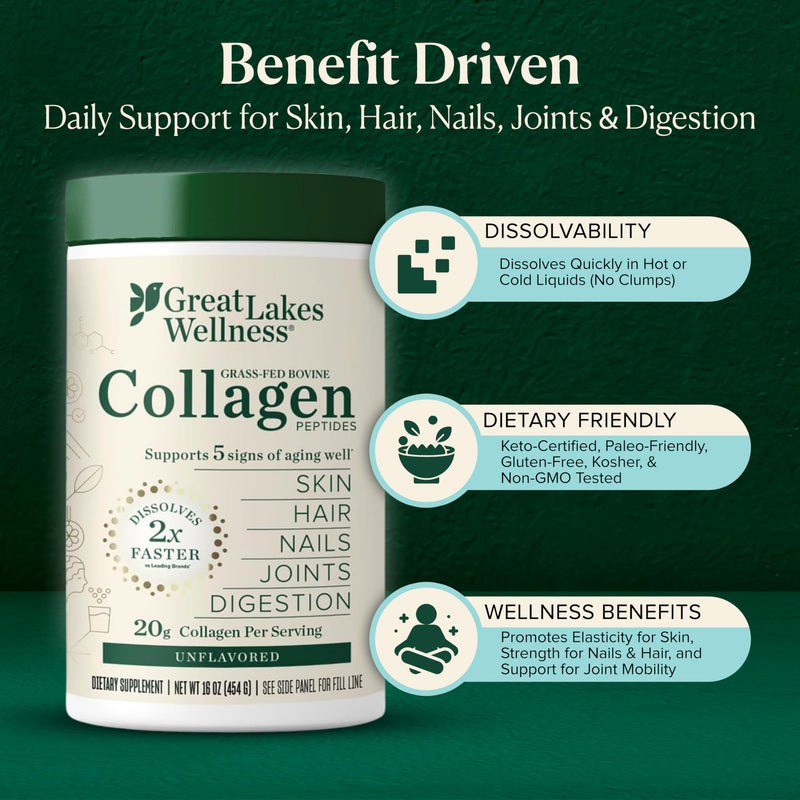 Great Lakes Wellness Collagen Peptides Powder – Supports Skin, Hair, Nails, Joints & Digestion – Hydrolyzed, Non-GMO, Keto & Kosher – Pure Collagen Protein (16 oz, 22 Servings) Packaging may vary Unflavored 22 Servings (16 Ounce, Pack of 1)