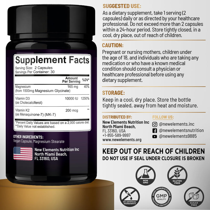 Vitamin D3 K2 Magnesium Glycinate | D3 10,000 IU | K2 200mcg | Magnesium Glycinate 1500mg | Bone Health, Immune Support, Energy & Mood - Non-GMO, Gluten-Free, 60 Vegan Capsules for Women & Men
