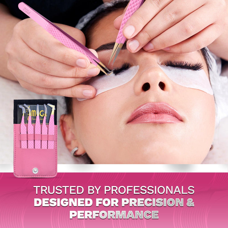 5 Pcs Fiber-Tip Japanese Steel Lash Tweezer Set with Leather Case, Professional Eyelash Tweezers for Lash Extensions – Titanium Coated, 90 & 45 Angled, Precision Pointed Tweezers (PINK) Pink