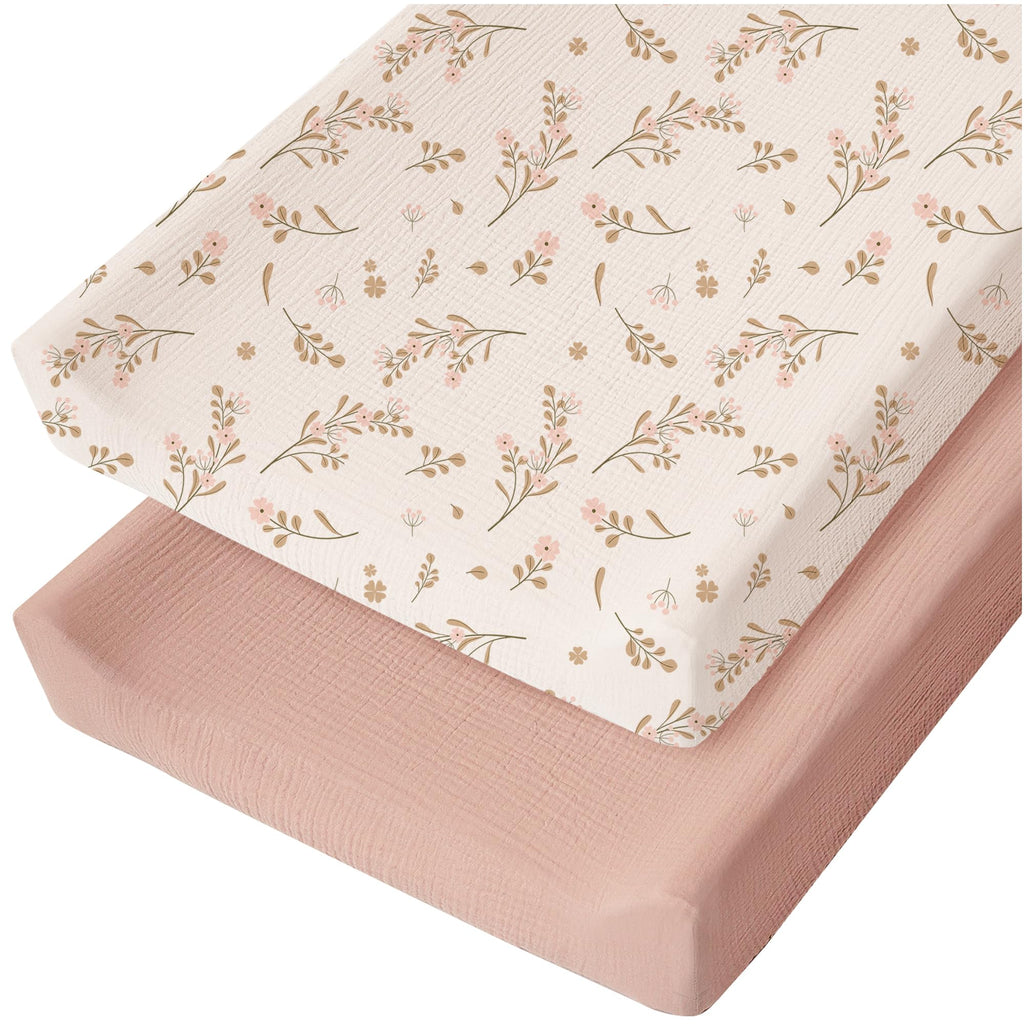 Konssy 2 Pack Muslin Changing Pad Cover for Baby Girls Boys 100% Cotton Fitted Diaper Changing Table Cover Set, Soft Changing Pad Sheets (Pink,Floral) Pink,Floral