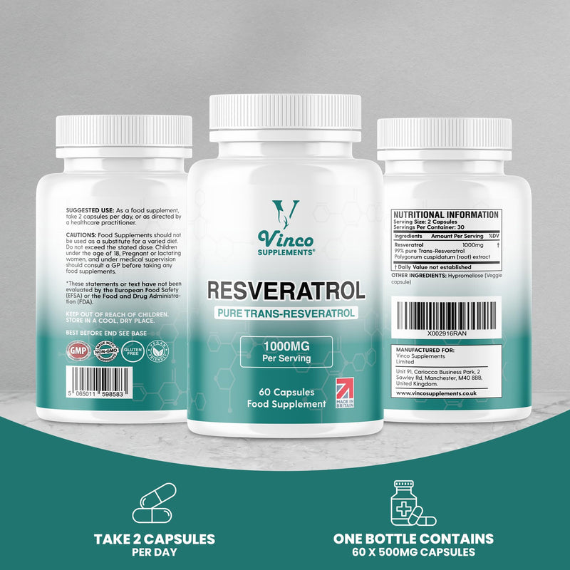Vinco Resveratrol 1000mg, 60 Capsules - 100% Pure Trans-Resveratrol Supplement for Cellular Health and Cardiovascular Wellness - Non-GMO & Gluten Free - Made in The UK
