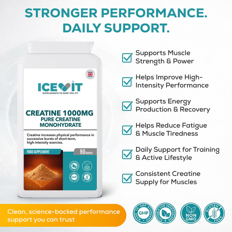 Creatine Monohydrate 3000mg per Serving – High Strength Pure Creatine - 90 Tablets – 30 Days Supply - Supports Physical Performance – Suitable for Vegans – Made in UK