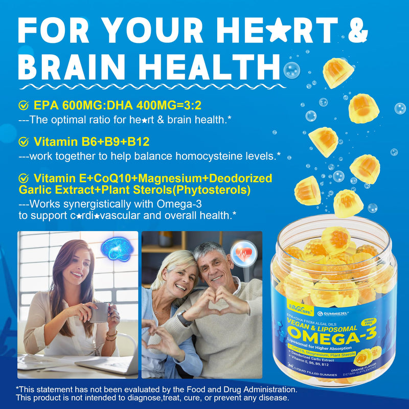 Omega-3 Gummies + CoQ10+ Magnesium- EPA 600mg & DHA 400mg, Fish Oil Omega 3 Supplements Alternative for Women Men Adults, from Vegan Algae Oil, Liposomal Form, Plant Sterols, Garlic, Sugar Free, 2Pack 60 Count (Pack of 2)