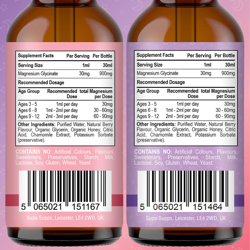 Kids Magnesium Glycinate 60ml - Berry Bedtime | Supa Supps Liquid Magnesium Glycinate 3-in-1 Drops Support Relaxation, Calm, Balanced Energy, Focus & Growth | Easy Daily Supplement 2 Months Supply