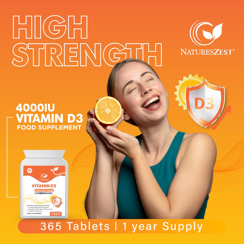 NATURES ZEST - Vitamin D3 4000 IU (100µg), High Strength D3 Vitamin for Calcium Absorption, Immune Support, Strengthen Bones, Teeth & Muscles | Vegetarian, Easy to Swallow, 365 tabs (1 Year Supply)