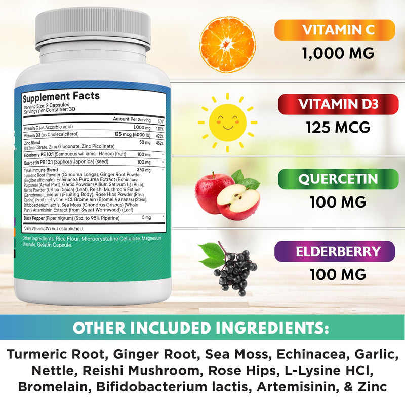 [Australia] - Quercetin Zinc Vitamin C Vitamin D Bromelain Elderberry -Nettle Supplement with Artemisinin, Sea Moss, Echinacea - 120 Count 60 Count (Pack of 2) 