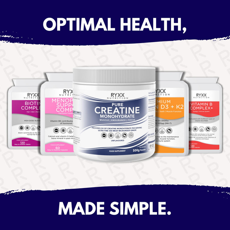 RYXX Pure Creatine Monohydrate 500g | 5g Per Serving | Micronised Unflavoured Creatine Powder for Strength Training, Gym & High Intensity Performance | 100 Servings