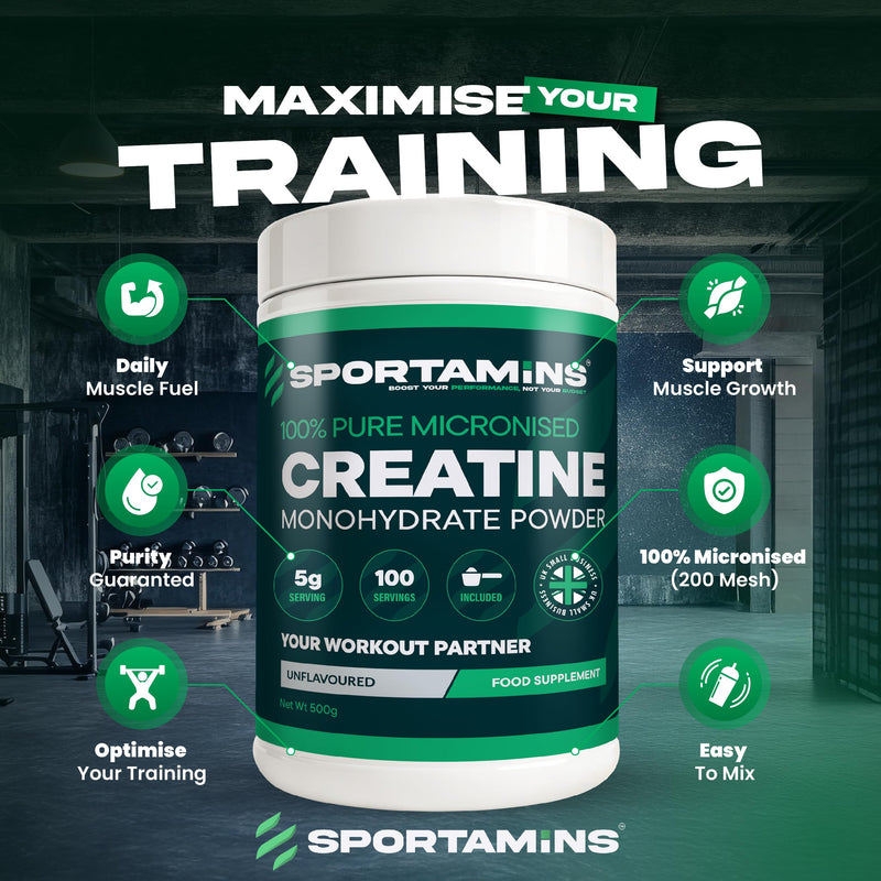 Creatine Monohydrate Powder 500g – 100% Pure Micronised Creatine – Unflavoured, 100 Servings – Supports Muscle Growth, Strength and Recovery – Vegan, GMP Certified, Non-GMO Supplement