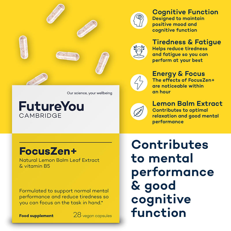 FocusZen+ Lemon Balm Capsules – 28 Focus Supplements with Vitamins for Tiredness and Fatigue – 300mg Natural Energy Supplements – Say Goodbye to Brain Fog with FutureYou Cambridge