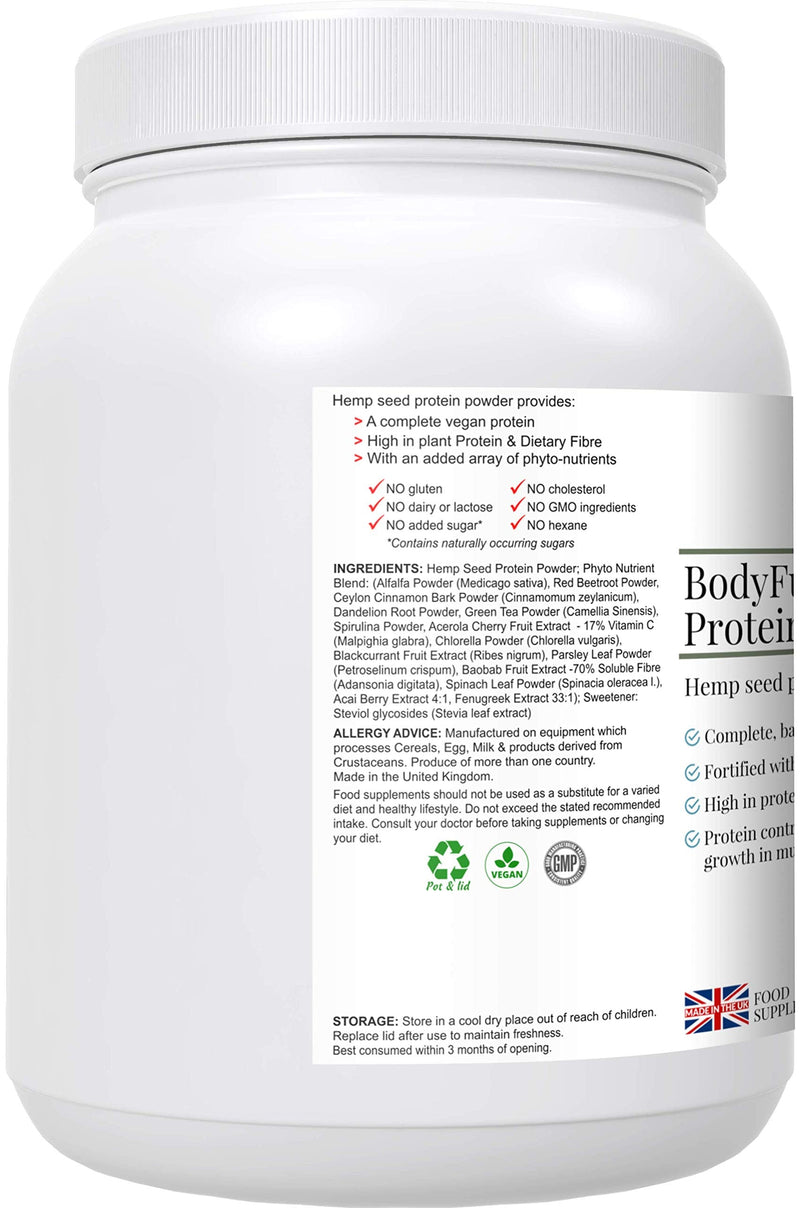 BodyFuel Hemp Protein Powder Plus 14 Superfoods & Phytonutrients – Spirulina, Chlorella, Acai Berry, Alfalfa - Non-GMO Vegan Plant Protein Powder 500g