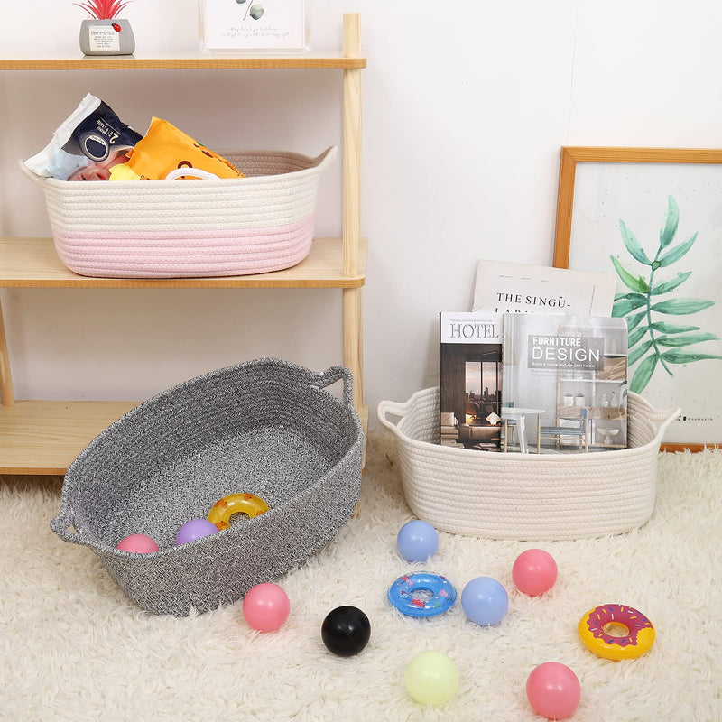 [Australia] - ABenkle Rope Basket, Small Storage Gift Basket, Rectangle Under Shelf Basket, Decorative Boho White Rope Woven Basket with Handle for Baby Dog Toy Egg Fruit Snack Towel Easter 
