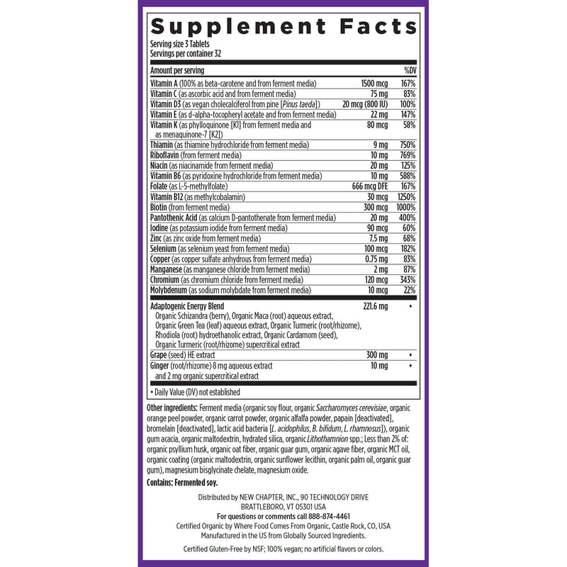New Chapter Perfect Energy B Vitamin Multivitamin, 96 Count | Balanced Cellular Energy and Stress Support with B Vitamins, Vitamin D3, and Organic, Non-GMO Ingredients, ONE Daily Formula