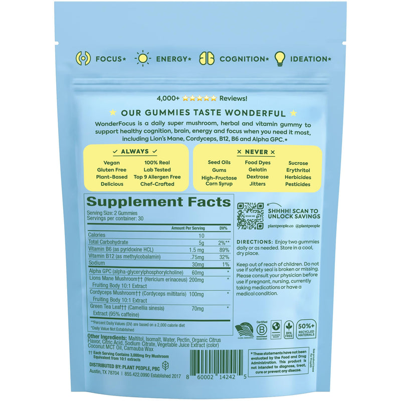 [Australia] - Plant People WonderFocus Mushroom Gummies with Lion‚Äôs Mane & Cordyceps - Nootropic Brain Supplement Boosts Memory, Focus, Energy & Mood in Adults | No Sugar, 100% Vegan, Citrus Flavor, 60 Count 60 Count (Pack of 1) 
