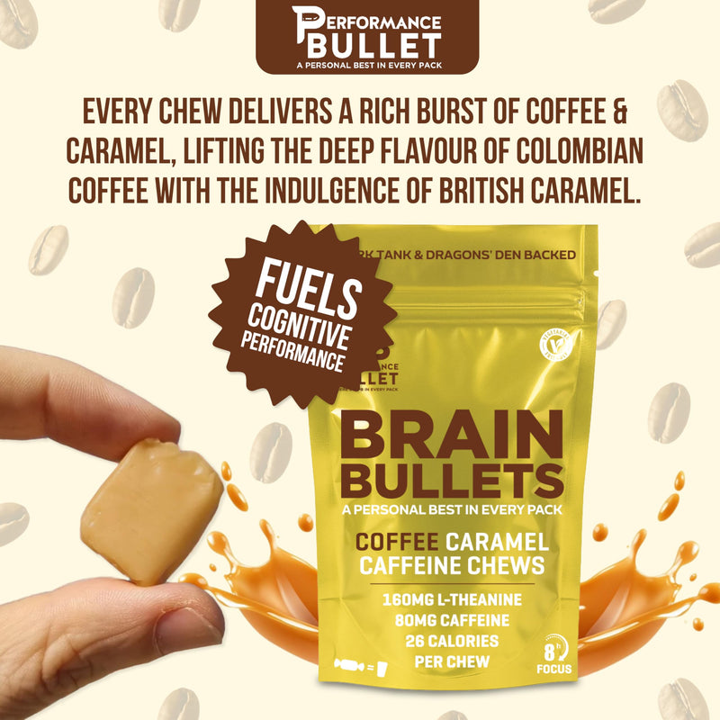 160mg L-Theanine + 80mg Caffeine Chews – Coffee Caramel Flavour, Increases Productivity, Mental Clarity, Alertness | 1 Bag - 40 Servings | Brain Bullet | Energy Gum & Focus Gummy Upgrade 1 Bag - 40 Chews