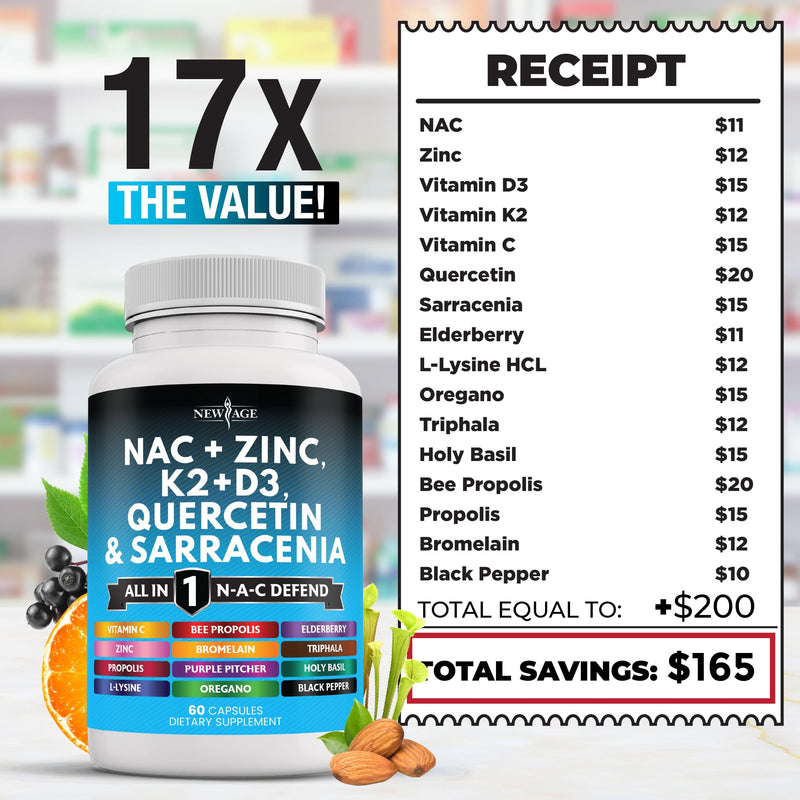 [Australia] - NEW AGE NAC Supplement N-Acetyl Cysteine- with Vitamin D3, K2, Zinc, Quercetin, Triphala, Sarracenia Purpurea, Elderberry, Holy Basil, Bee Propolis, Bromelain, L-Lysine - 120 Count 60 Count (Pack of 2) 