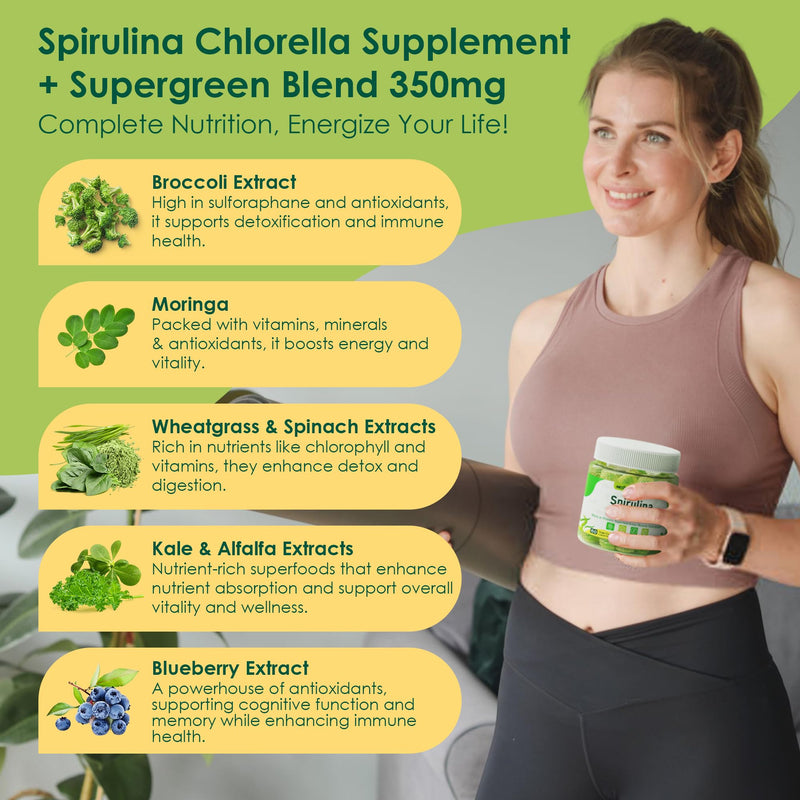 Organic Spirulina Chlorella Gummies + Super Greens, High in Vegan Protein & Chlorophyll, Green Algae + Broccoli，Moringa, Spinach, C, D3, Zinc, B12 for Energy, Gut, Immune, Antioxidant, No Sugar, 60Cts 60 Count (Pack of 1)