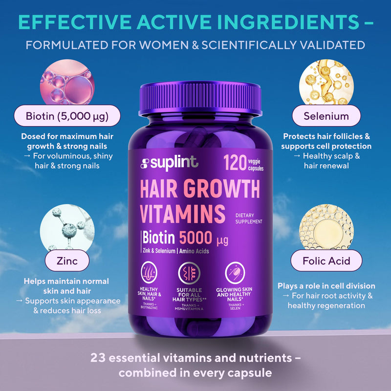 Hair Growth Vitamins – Biotin 5000 mcg with MSM & Selenium & Zinc – Hair and Nails Vitamins for Women – 120 Capsules – Hair Growth Supplement for Stronger, Healthier Hair