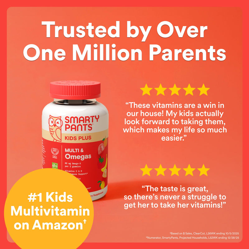 SmartyPants Kids Multivitamin Gummies with Omega 3 DHA/EPA, Vitamins D3, C, B12, B6, A, K, and Zinc, Gluten Free, Clean Label, Three Fruit Flavors, 60 Gummies (30 Day Supply) 1 Count (Pack of 1) Three Fruit - 30 Day Supply