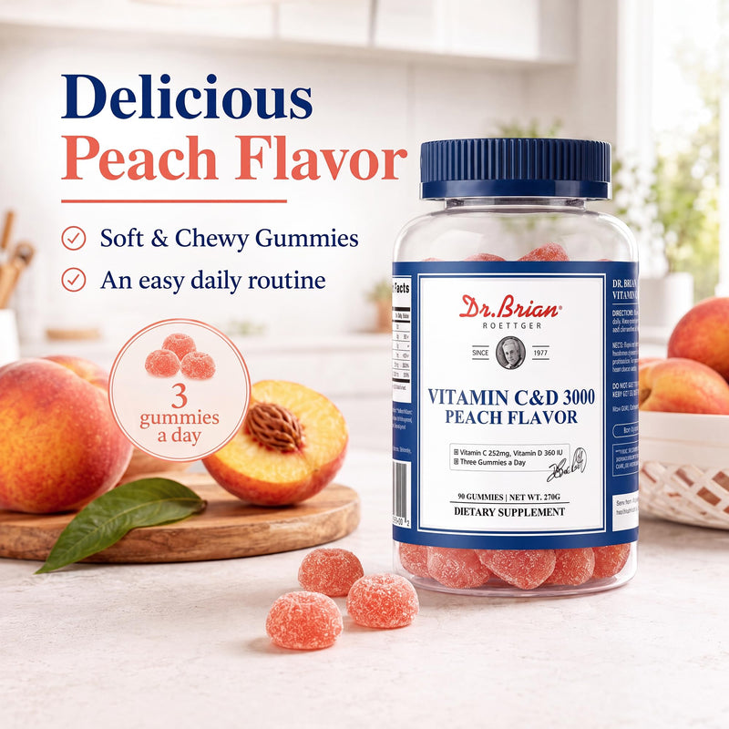 DR.Brian Vitamin C Gummies for Immune Support, 90 Gummies (Peach) | Vitamin C Chewable for Adults & Kids Ages 4+ with Vitamin D3, 30 Servings