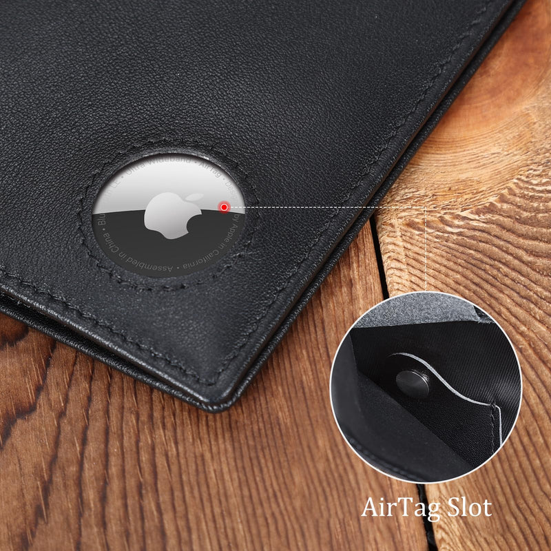 Polare Slim RFID Blocking Leather Passport Holder Travel Bifold Wallet For Men (Black with AirTag Holder) Black with AirTag Holder
