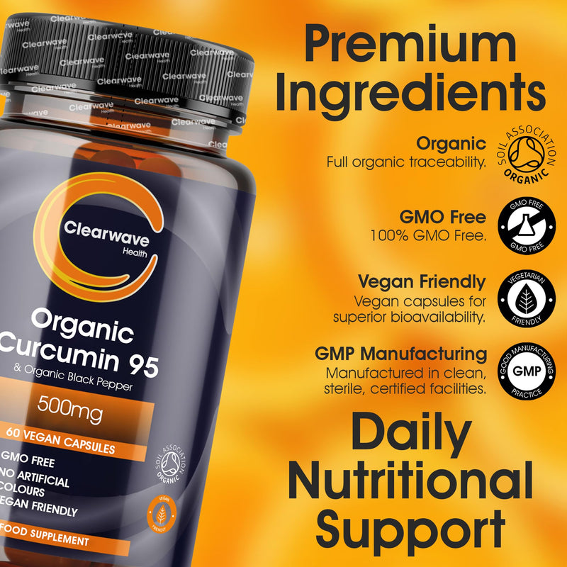 Curcumin 95 | Organic | Curcumin Capsules High Strength with Black Pepper | 500mg Pure Turmeric Curcumin 95 & 10mg Organic Black Pepper | 60 Capsules 2 Month Supply | By Clearwave Health