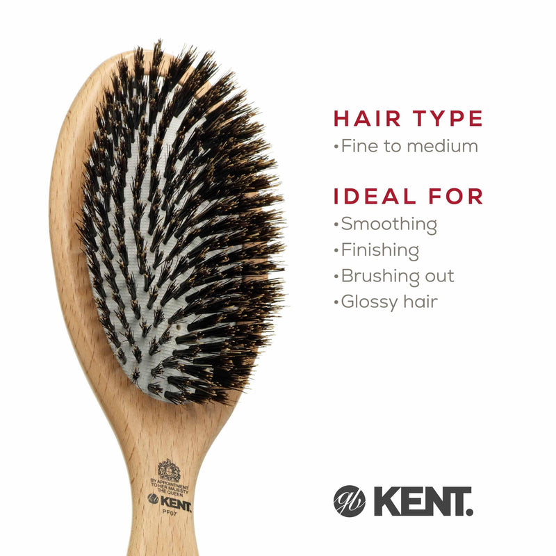 Kent PF07 Extra-Large 100% Boar Bristle and Non-Scratch Nylon Mix Cushion Brush - Wooden Detangling and Oval Smoothing Paddle Brush for Thin Hair - Made in England
