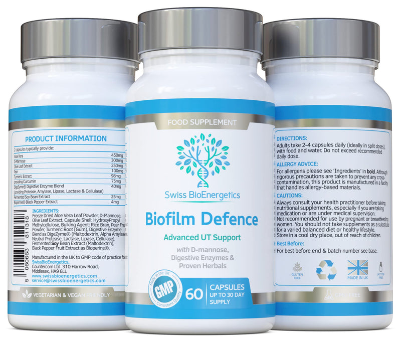 Biofilm Defence 60 Capsules - D-Mannose and a Comprehensive Blend of Enzymes for Advanced Digestive & Urinary Tract Support - UK Made