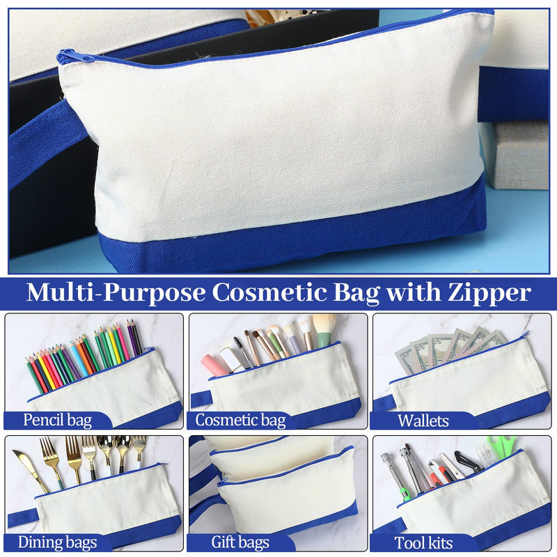 Silkfly 48 Pcs Cotton Canvas Makeup Bags Cosmetic Zipper Bags 10.2 x 5.5 x 2'' Blank DIY Pouch Bulk Pencil Case with Bottom Travel Toiletry Pouch for Women Craft Decor Gift (Beige and Blue) Beige and Blue