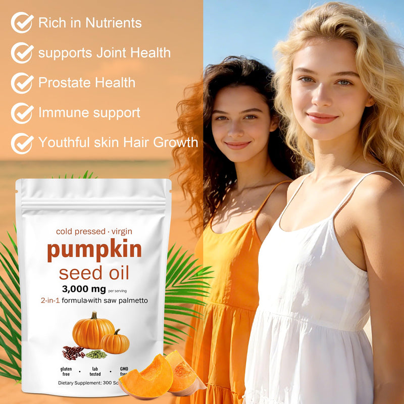 Pumpkin Seed Oil Capsules, Cold Pressed, Pure Virgin Oil, 300 Softgels Essential Fatty Acids & Phytosterols, 100 Days Supply Benefits for Hair Health, Non-GMO