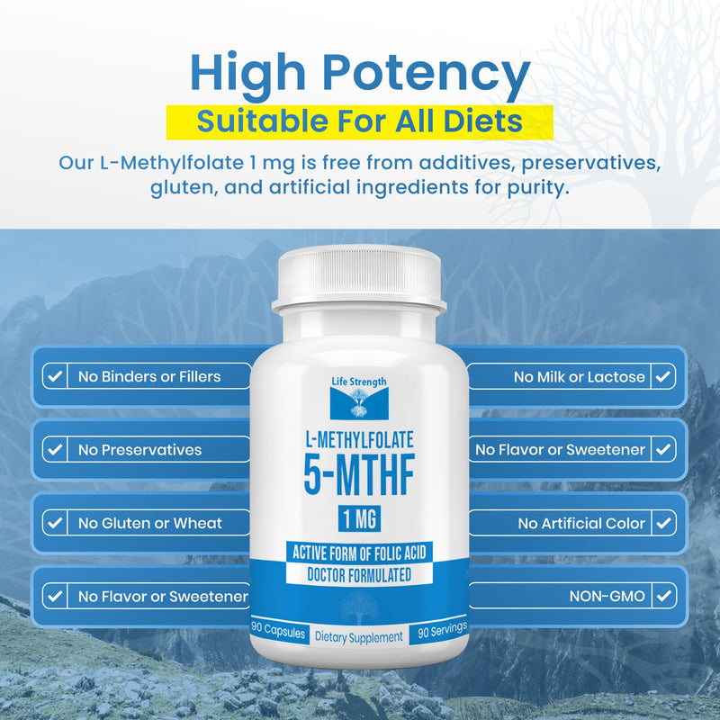L Methylfolate 1mg | 180 Capsules | Optimized & Highly Bioactive Methyl Folate Supplement | 5-MTHF Supports for Energy, Focus & Mood | Non-GMO, Gluten Free, Vegan | 6 Month Supply 1 mg