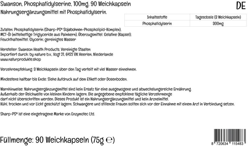 Swanson Phosphatidylserine, 300mg per Daily Strength, 90 softgels, High Strength, Lab Tested, Gluten Free, Non GMO
